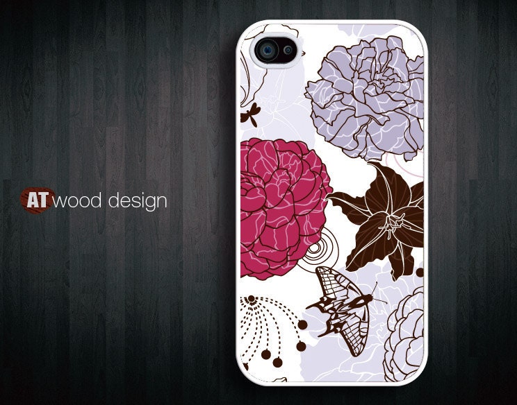 unique Hard case Rubber case iphone 4 case iphone 4s case New Iphone 5 case illustration purple red flower graphic iphone case design