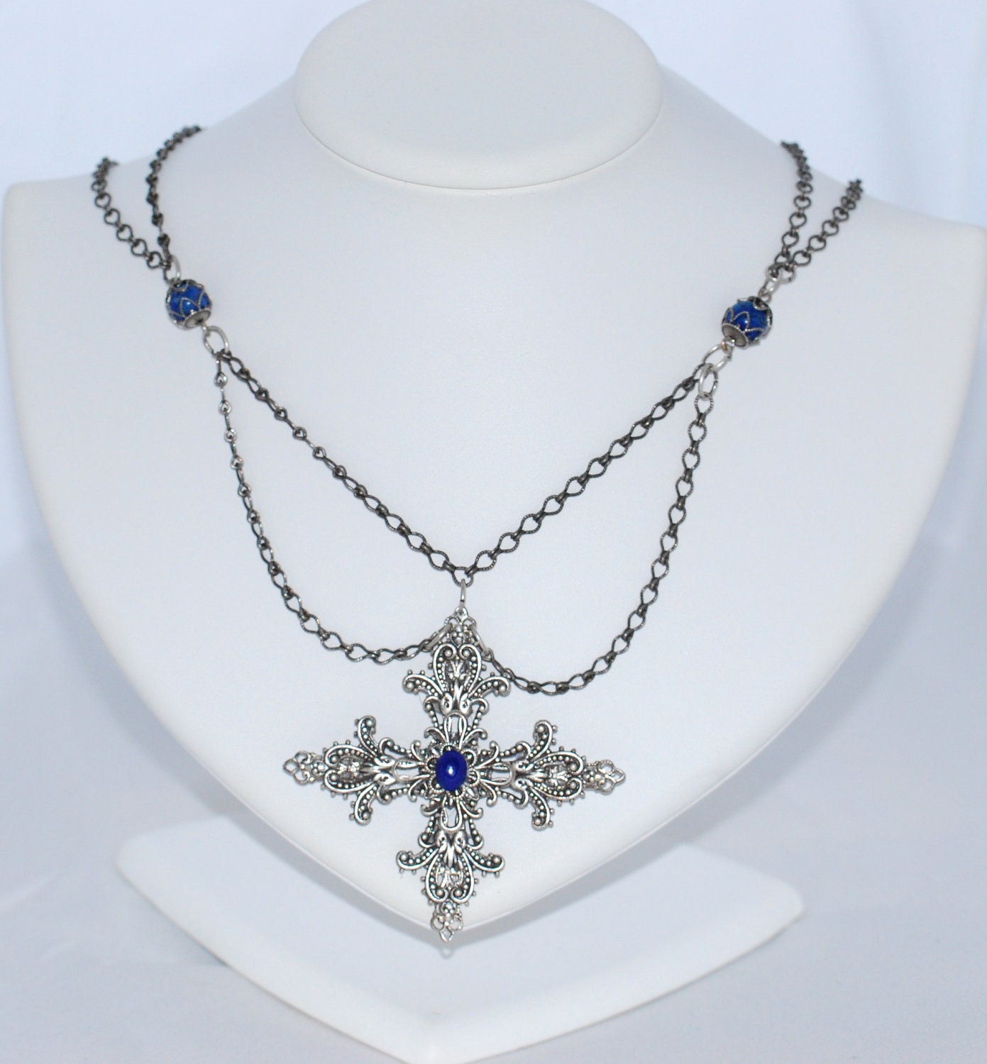 Charlotte--Silver Filigree Cross and Festoon Chain Necklace with Lapis Lazuli