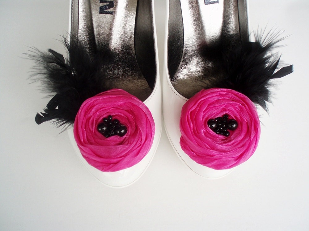 Hot Pink Chiffon Roses with Black Feather Shoe Clips