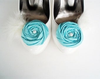 Blue Fabric Roses with Ivory Feather Shoe Clips