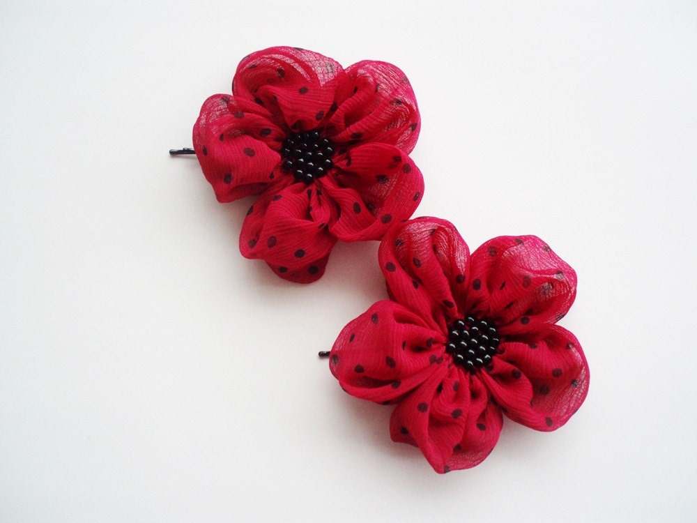 Hot Pink With Black Dots Flowers Hair Bridal Bobby Pins Set of 2