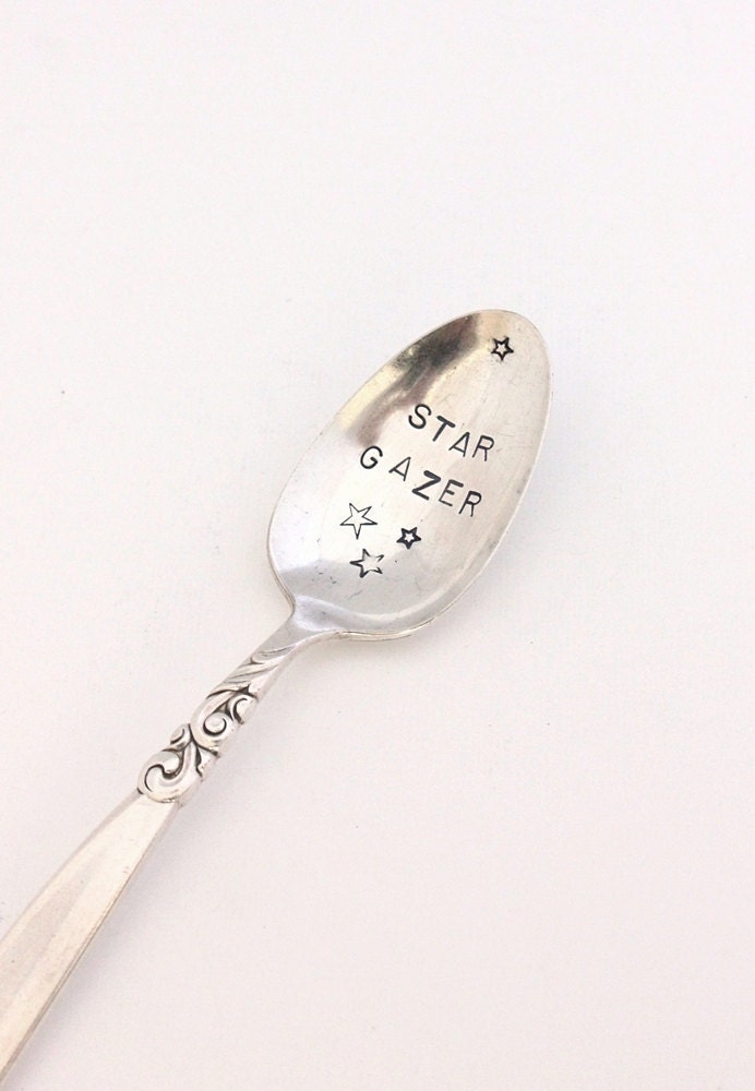 Star Gazer coffee spoon. Celestial Stars spoon Astronomy hand stamped silverware. Nautical Captains Table