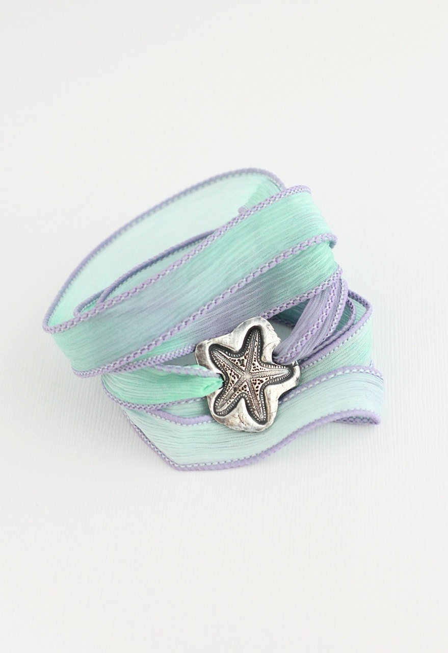 Starfish Silk Ribbon Bracelet, Beach Jewelry Sea Life, Rustic Fine Silver Bracelet Eco Friendly PMC, Beach Wedding Lavender and Mint Green