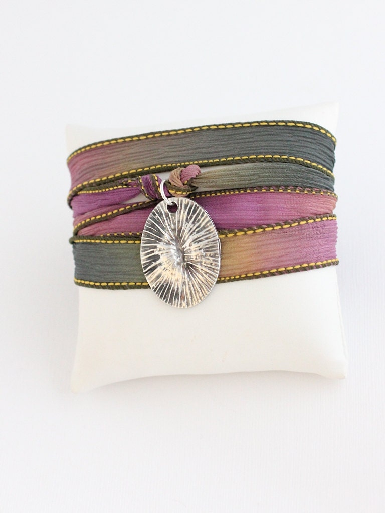 Beach Bracelet, Necklace, Silk Ribbon Bracelet, Fine Silver, Sterling Silver Coral Pendant, Rustic
