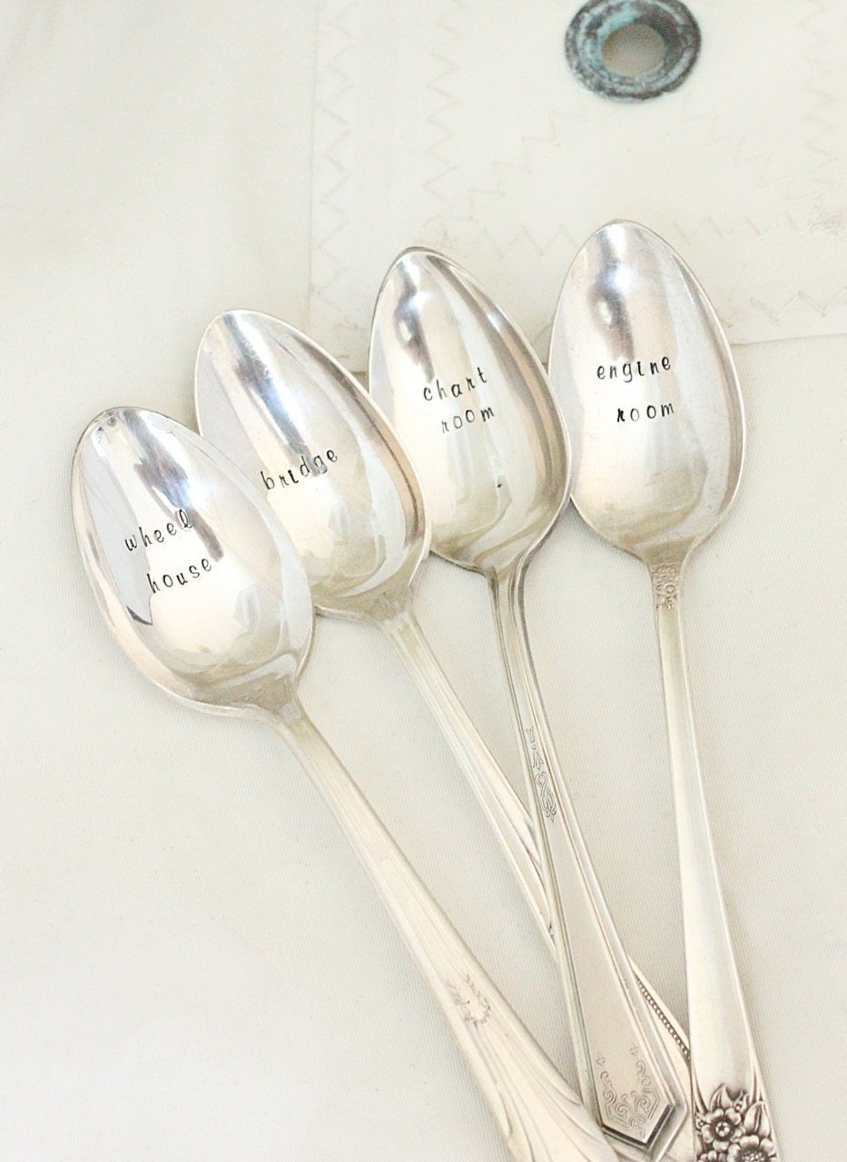 Nautical Table Setting. Ships Rank and Decks Nautical Decor Wedding Hand Stamped Flatware Beach Cottage