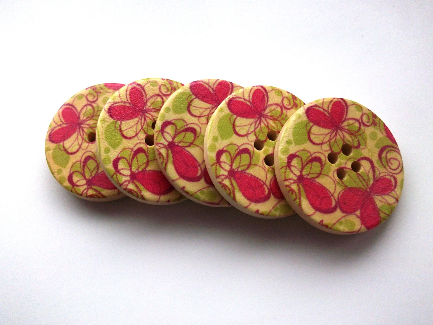 5 Spring Floral Wooden Buttons: 30mm 4-hole buttons with pink and lime green flowers