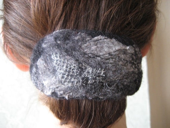 Nuno Felted Wool Hair Barrette Clip: Black, Grey, Silver. Elegant Classic. Wool and Silk