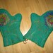 2 felted wool kitchen oven mitts gloves pot holders, decorated. Gift under 50. Brown blue red