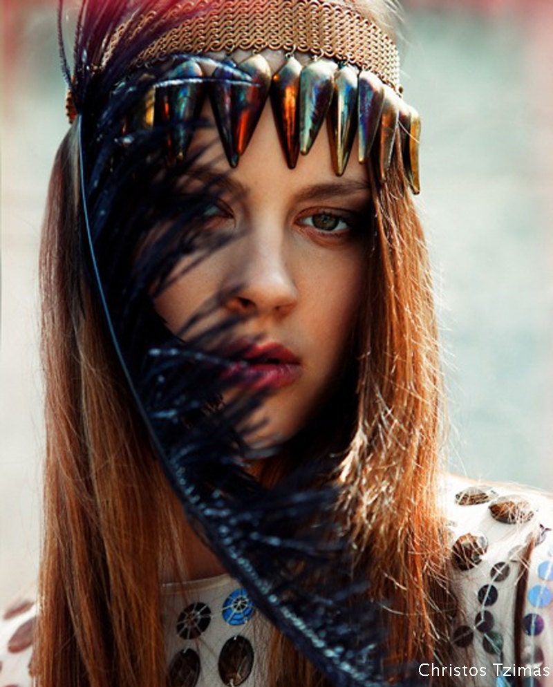 Ostrich black feather ,vintage multicolouerd brass beads headpiece
