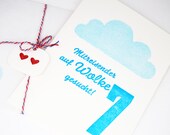 Letterpress-Karte "WOLKE 7" DIN A 6 250g Papier natur - bedruckter Umschlag C6 natur - Anhänger 3x3,5cm 250g Papier natur, Luftpost-Kordel