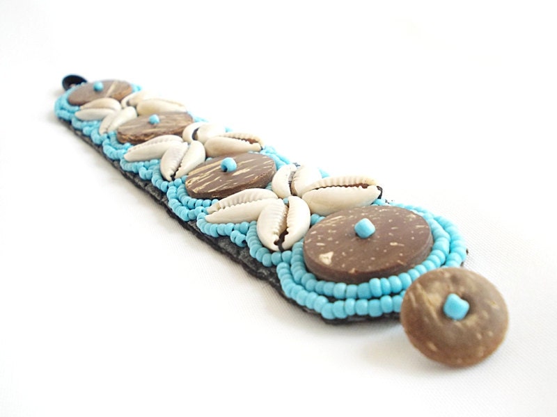 Wonderful Handmade Unique Bracelet - Sea Shells bracelet - Blue - Wooden buttons - Summer bracelet - Blue Beaded Shell Cuff Bracelet - OOAK
