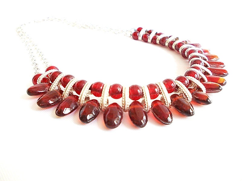 Spectacular Burgundy Necklace - One and only - Very elegant - very sophisticated - OOAK - Silvery Color Metal