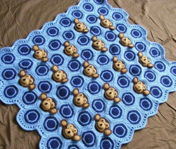 Baby Blanket, Baby Boy Feel and Learn Blanket or Stroller Blankie - Light Blue and Navy Blue with Monkeys, Circles Crochet Baby Blanket
