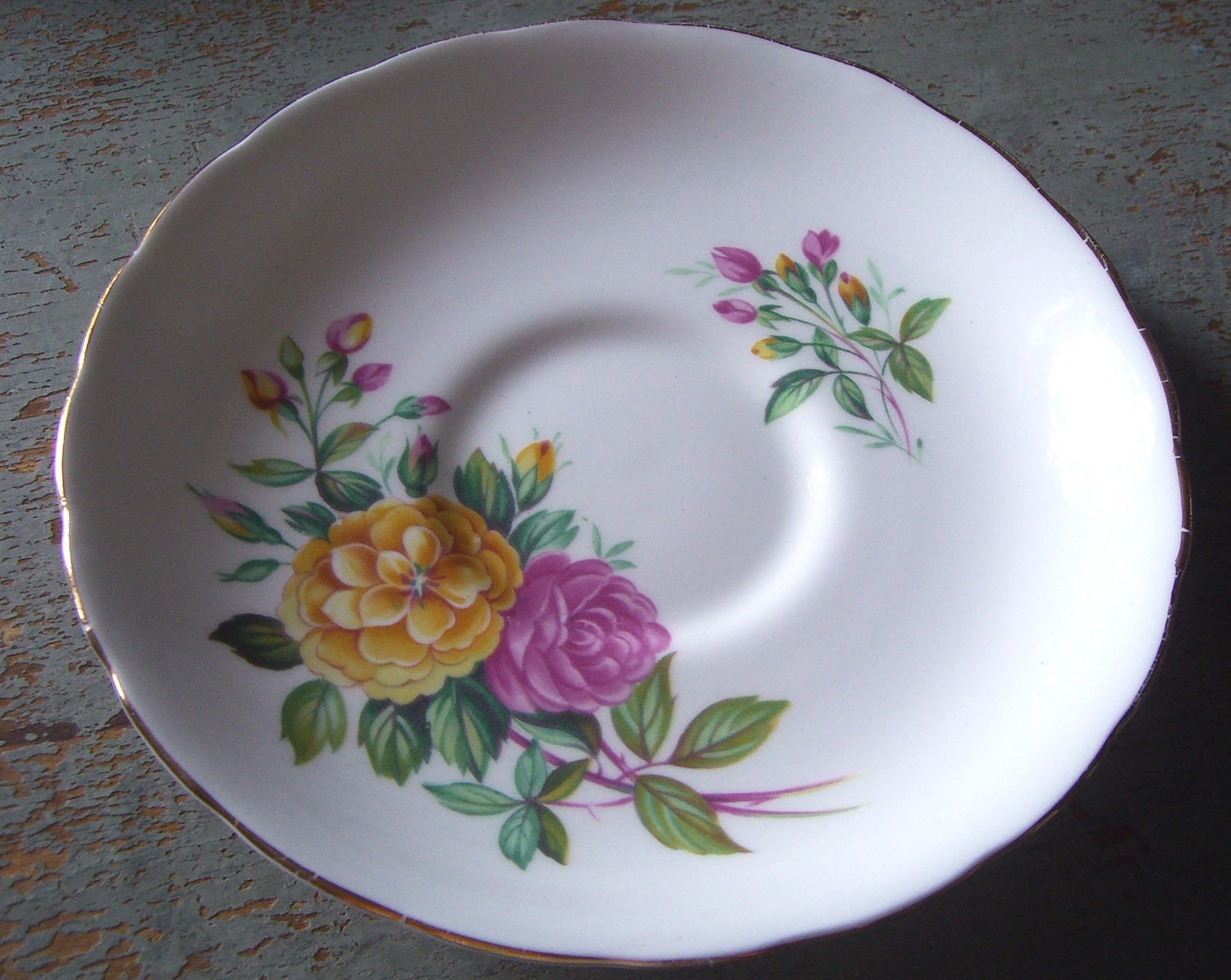 Vintage Plate, Saucer, Bone China, Pink, Yellow,  Flowers, Floral, Tea Cup Saucer, Small Plates, Bread Plate, Made in England