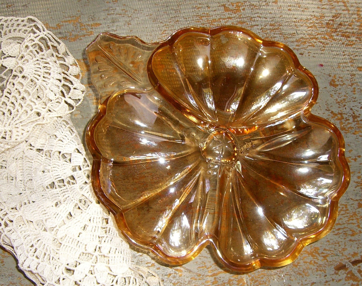 Vintage Plate, Carnival Glass, Dish, Candy Dish, Condiment Tray, Divided Dish, Floral,  Dish with Sections