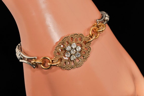 Watchband BRACELET Victorian Brass Rhinestone Charm, Repurposed, Upcycled & Handmade Original Vintage
