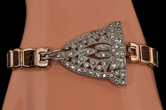 BRACELET Art Deco Repurposed Vintage Dress Clip Brown Gold Expandable  Reptile Watch Band