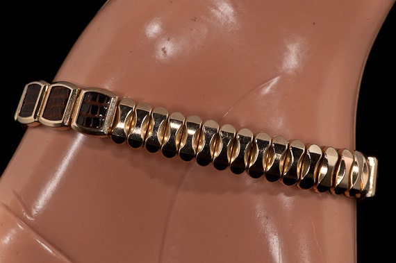 BRACELET Art Deco Repurposed Vintage Dress Clip Brown Gold Expandable  Reptile Watch Band