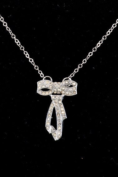 NECKLACE, Upcycled Vintage Crystal Dress Clip, White Gold tone OOAK repurposed jewelry