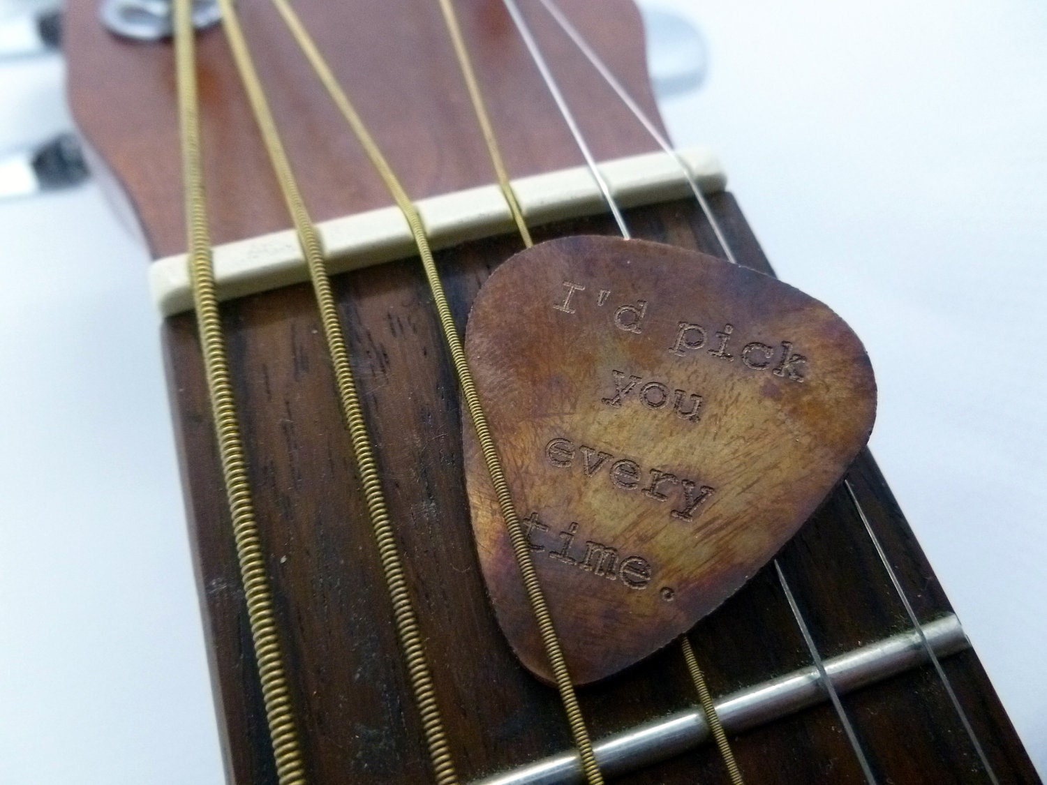 Engraved & Antiqued Copper Guitar Pick - I'd Pick You Every Time