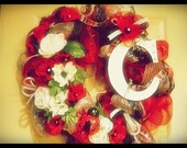 Personalized Red And White Large Front Door Monogram Wreath