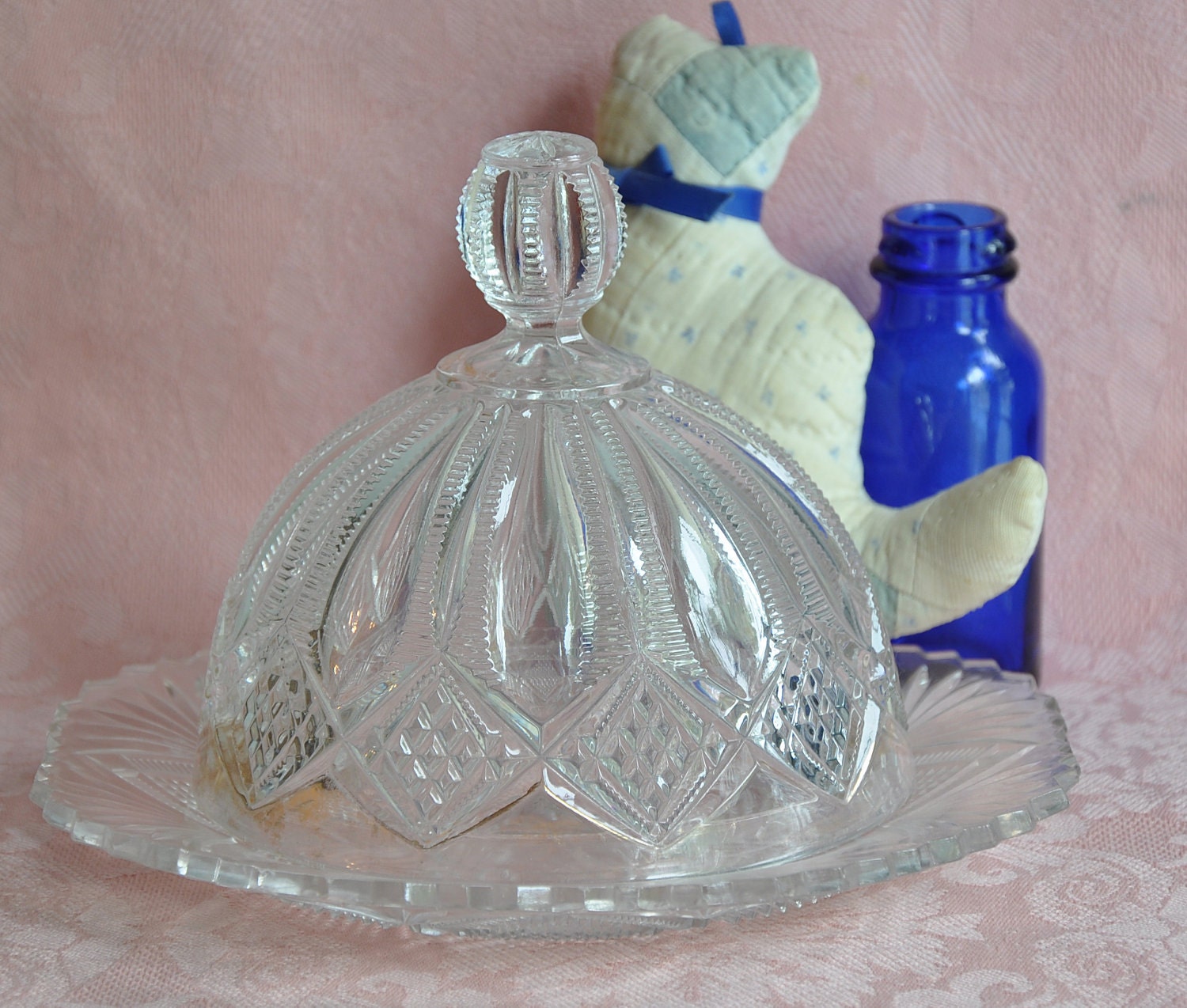 NEW PRICE Lovely antique zipper patterned glass covered cheese dish