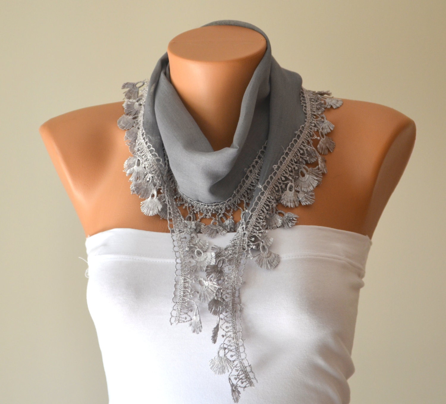 cotton scarf-grey cotton scarf headband necklace cowl with lace edge women scarves fashion scarf  christmas gifts