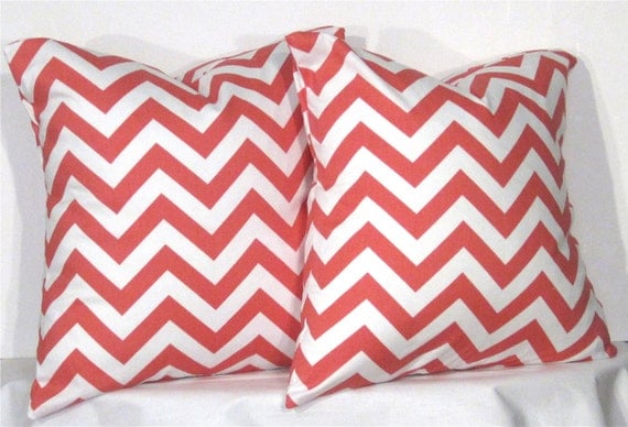 Chevron Zig Zag Pillow Set - Set of 18 x 18 Inch Chevron Pillow Covers - Coral and White - TWO PILLOW COVERS