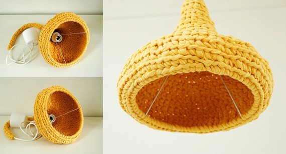 Sunshine - Crochet Pendant Lamp / Modern Design Hanging Light / Unique Pendant Lamp from Upcycled Tshirt Yarn / Green Design / Recycling Art