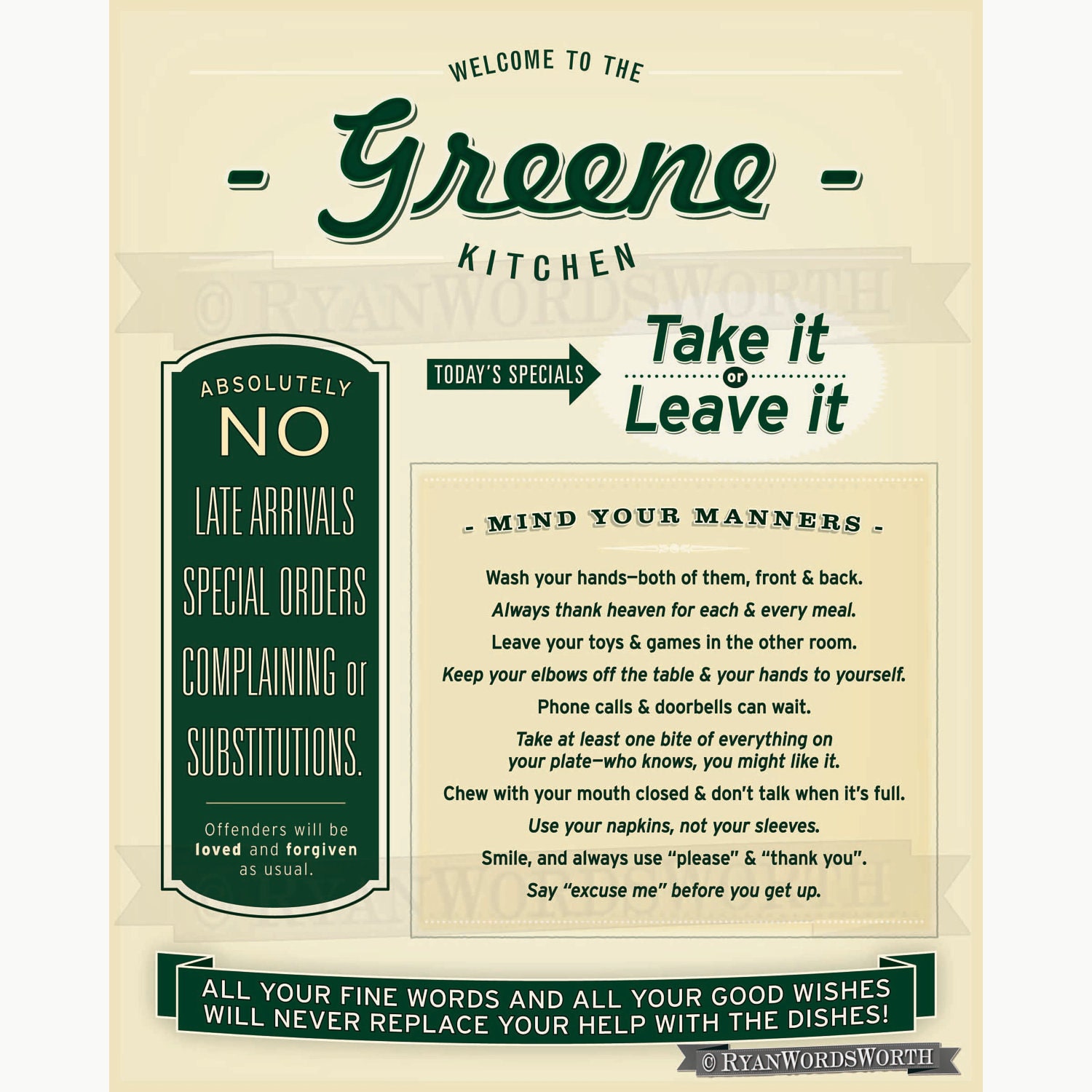 You print: Customizable Kitchen Rules and Manners sign.