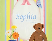 Personalized Canvas Print 16"x20" Teddy Bear with Flowers Pink Green Yellow Blue Stripes Giclée Wall Art Baby Shower Girl Nursery