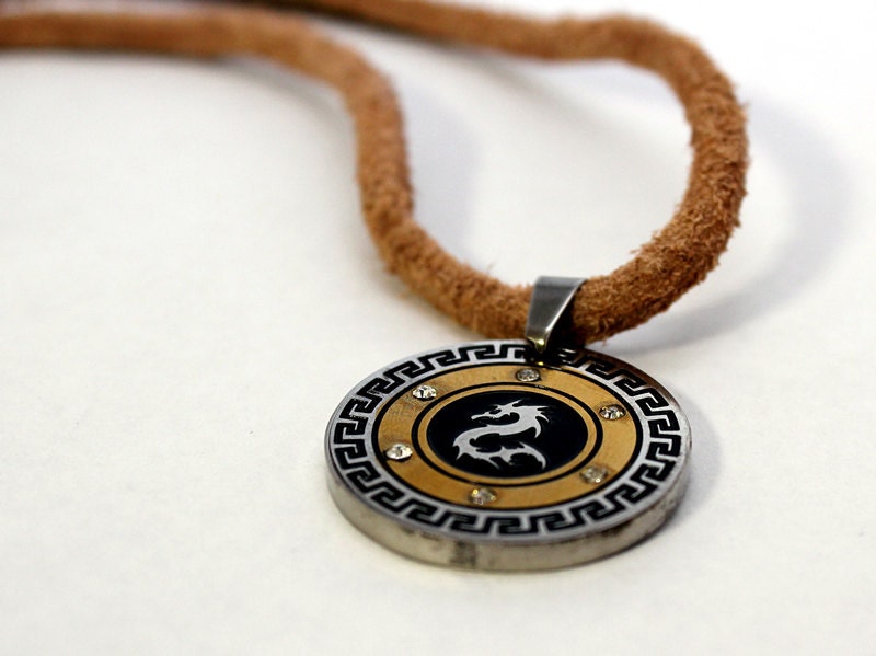 Mens Tan Leather Necklace with Dragon Pendant