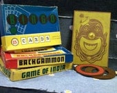Vintage / Antique Games, Set of 4: Bingo, Game of India, Checkers/Backgammon and Clown ring toss, 1940s