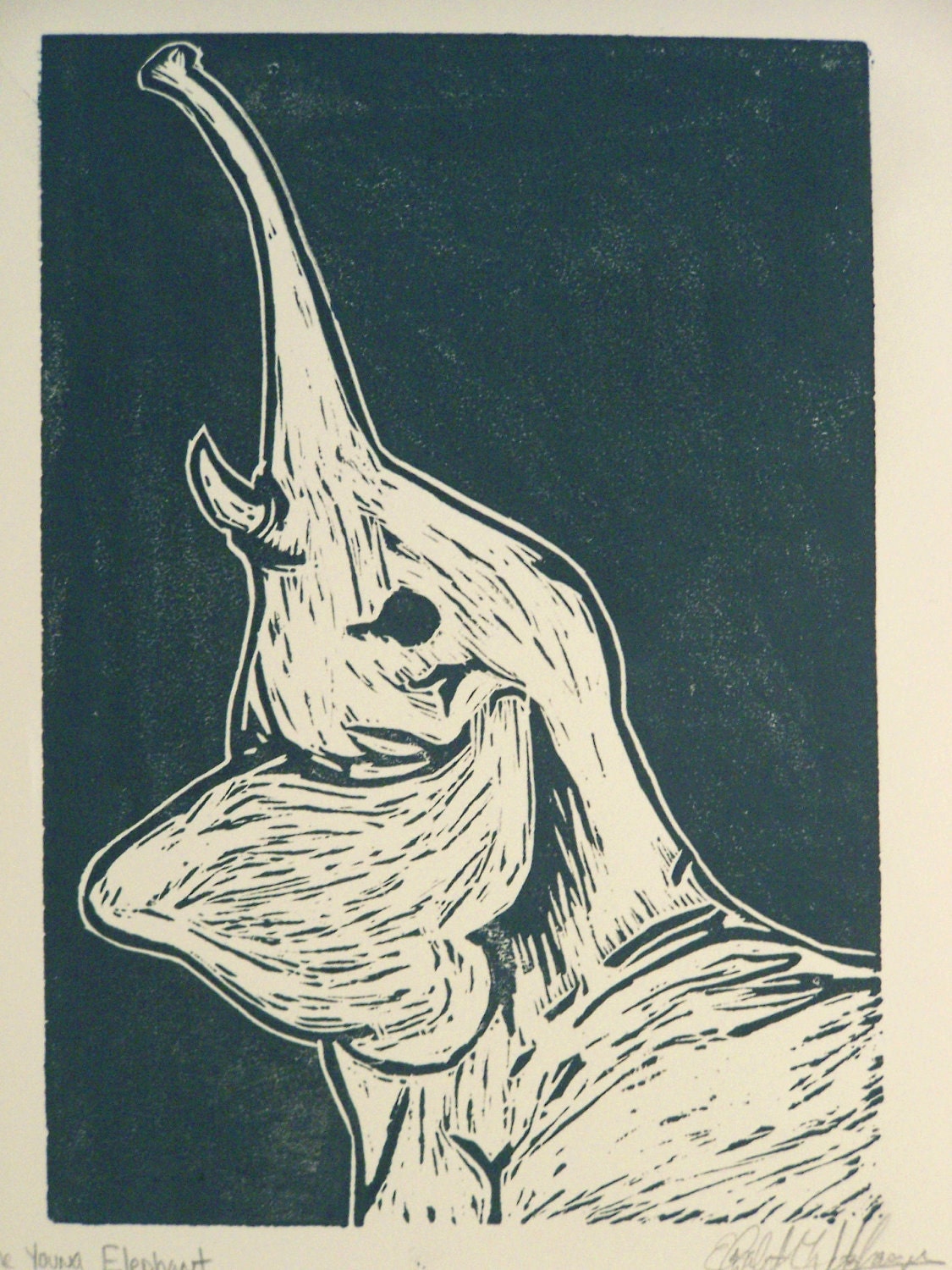 A young elephant print, grey linocut print