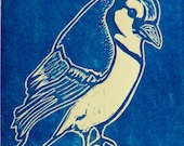 Blue bird print, pthallo blue hand pulled lino cut print of a bluebird
