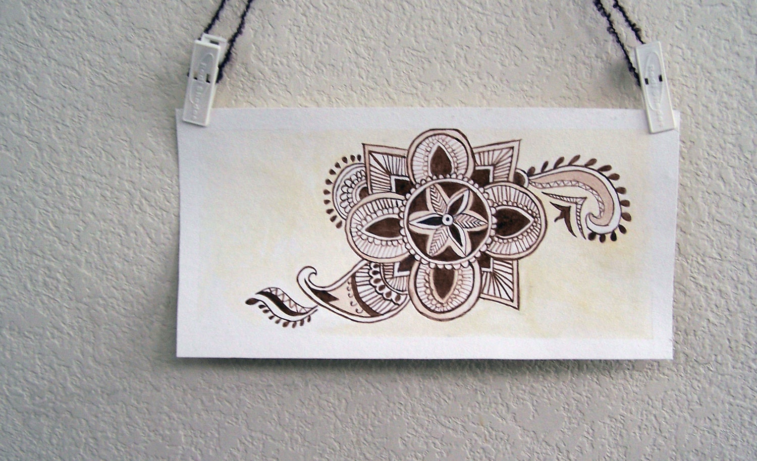 Summertime Henna inspired watercolor painting, brown and yellow mehendi design home decor