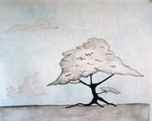 Black white and blue landscape painting, tree illustration
