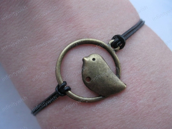 Bracelet-antique bronze bird bracelet,real leather lovebirds bracelet-Z080