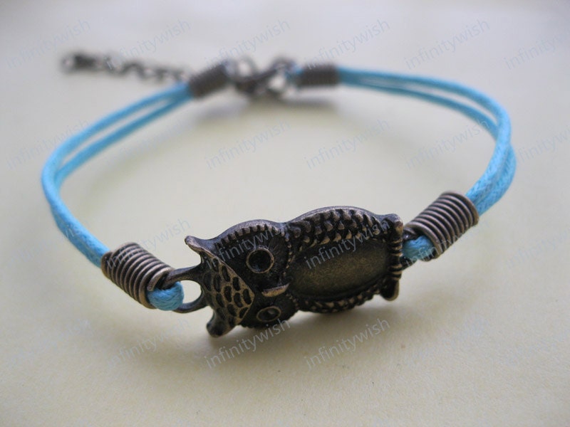 Bracelet-antique bronze owl bracelet,owl wax cord bracelet-Z134