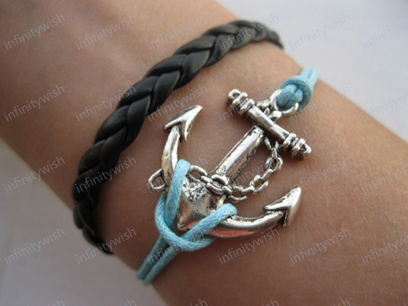 Anchor-antique silver anchor bracelet,anchor wax cord bracelet,braid leather bracelet-Z004