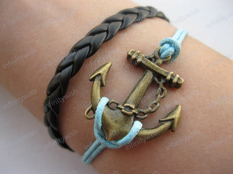 Anchor-antique bronze anchor bracelet,anchor wax cord bracelet,braid leather bracelet-Z011