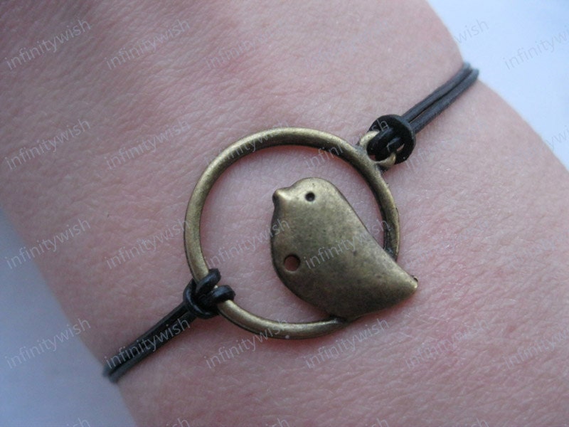 Bracelet-antique bronze bird bracelet,real leather lovebirds bracelet-Z080
