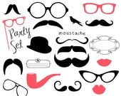 Mustache, Spectacles and Lips Kiss Digital Clipart Set. DIY Photo Booth Printables. Best Wedding Party Props