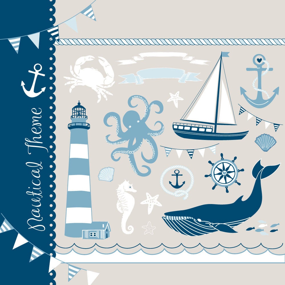 Nautical clip art collage, hand drawn sea clipart, sailboats, lighthouse, whale, anchor. for Personal and small Commercial Use