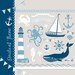 Nautical clip art collage, hand drawn sea clipart, sailboats, lighthouse, whale, anchor. for Personal and small Commercial Use