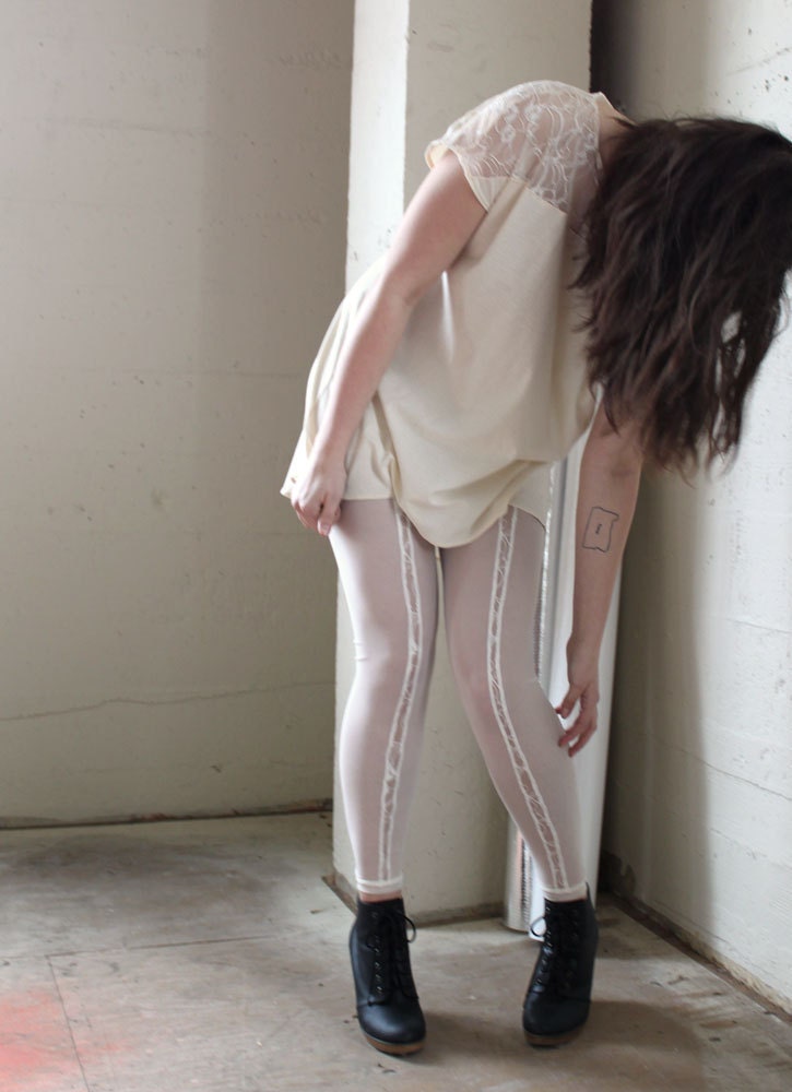 White leggings - sheer spandex mesh with white lace inserts, summer, stretch, pretty - large - murmuration