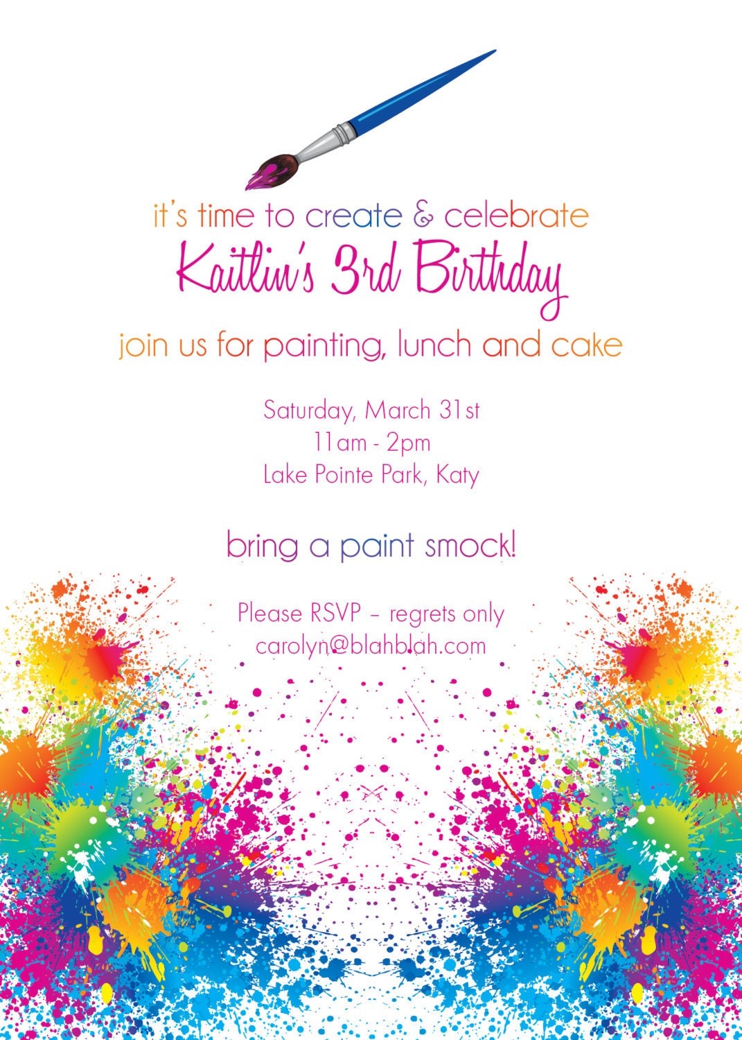 Custom Printable 5"x7" Paint / Artist Birthday Party Invitation 2