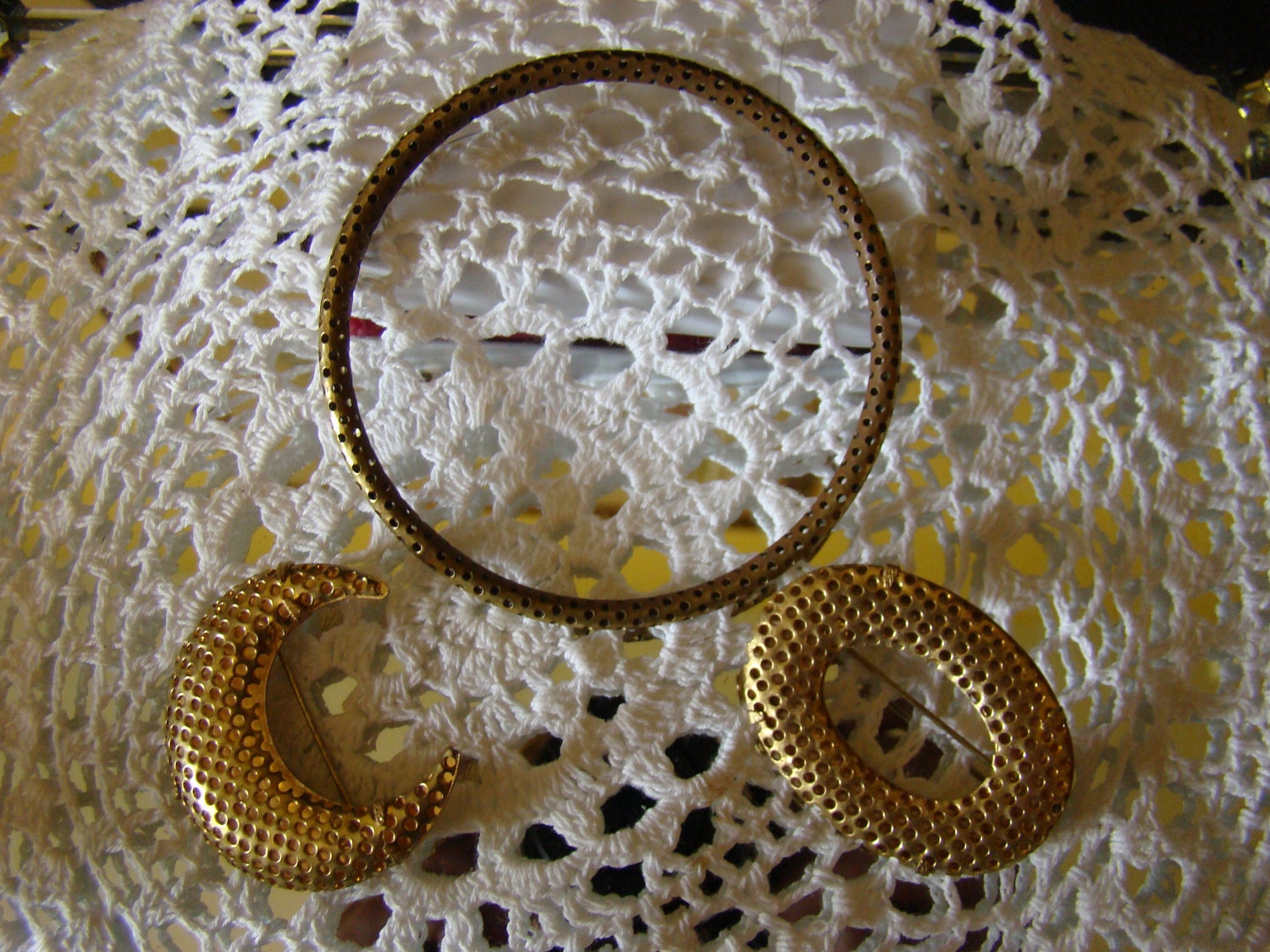 Vintage Goldtone Lot of Jewelry, Bangle, Crescent Pin, Oval Pin, Unique Perforated Metal