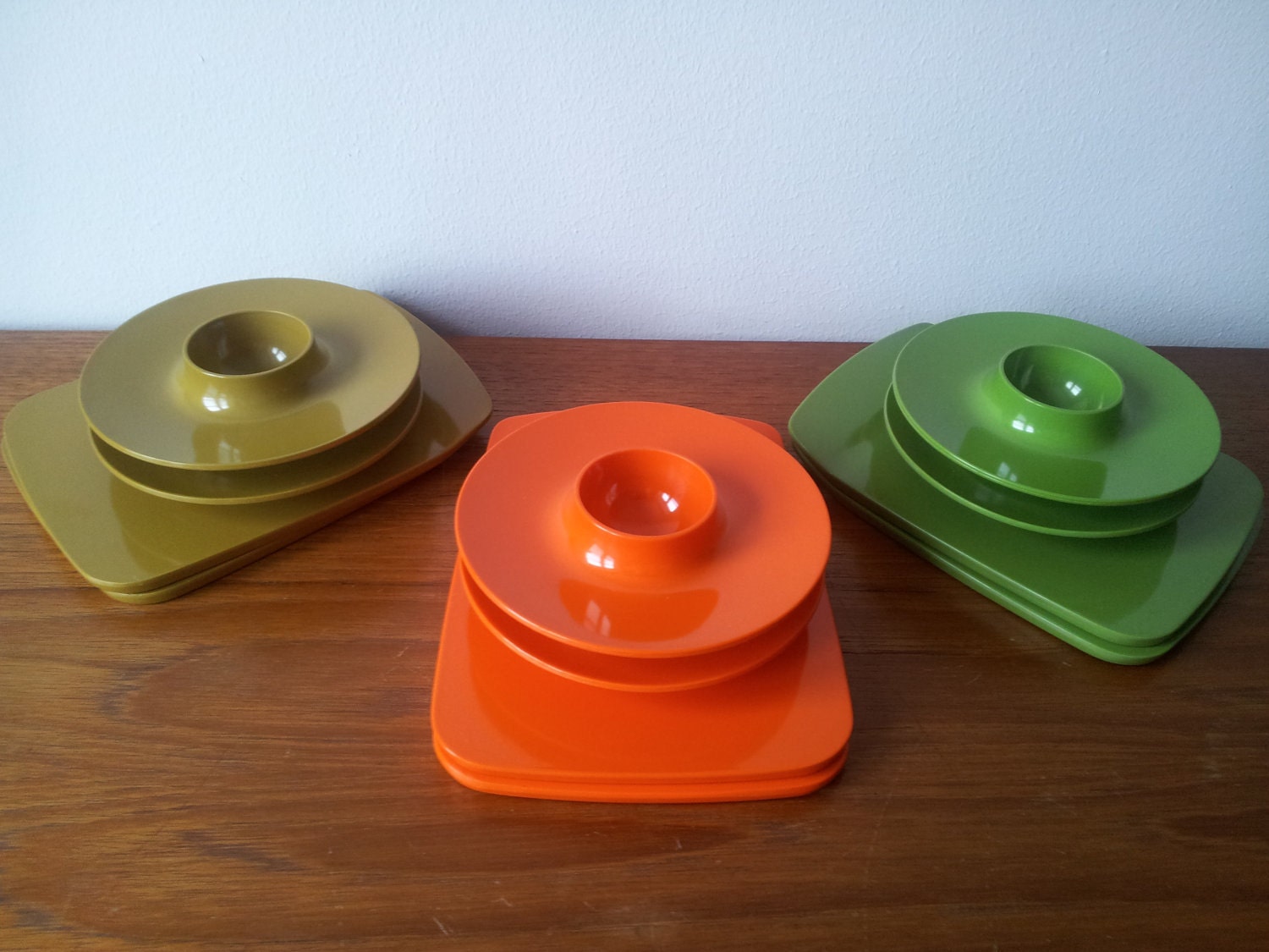 Apple Green and Orange SOLD - 70s Retro Melamine Egg Cups and Buttering Plate by Rosti Denmark