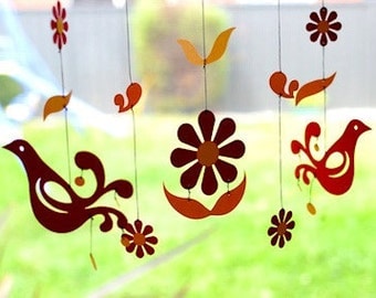 Friendship Mobile -Birds and Flowers- for children, boy, girl, kids room decor - red & orange - gift - home - toy -baby